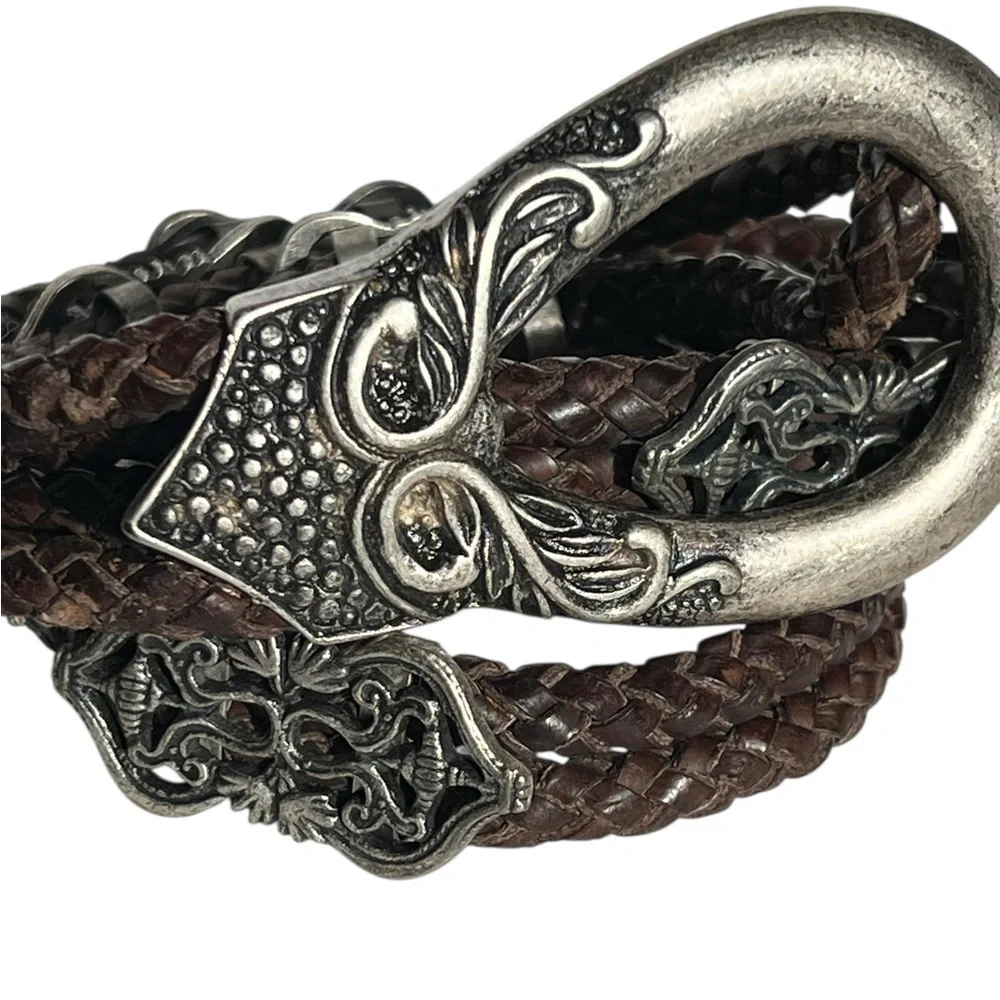 Brown Braided Leather Ornate Filigree Belt Western Casual